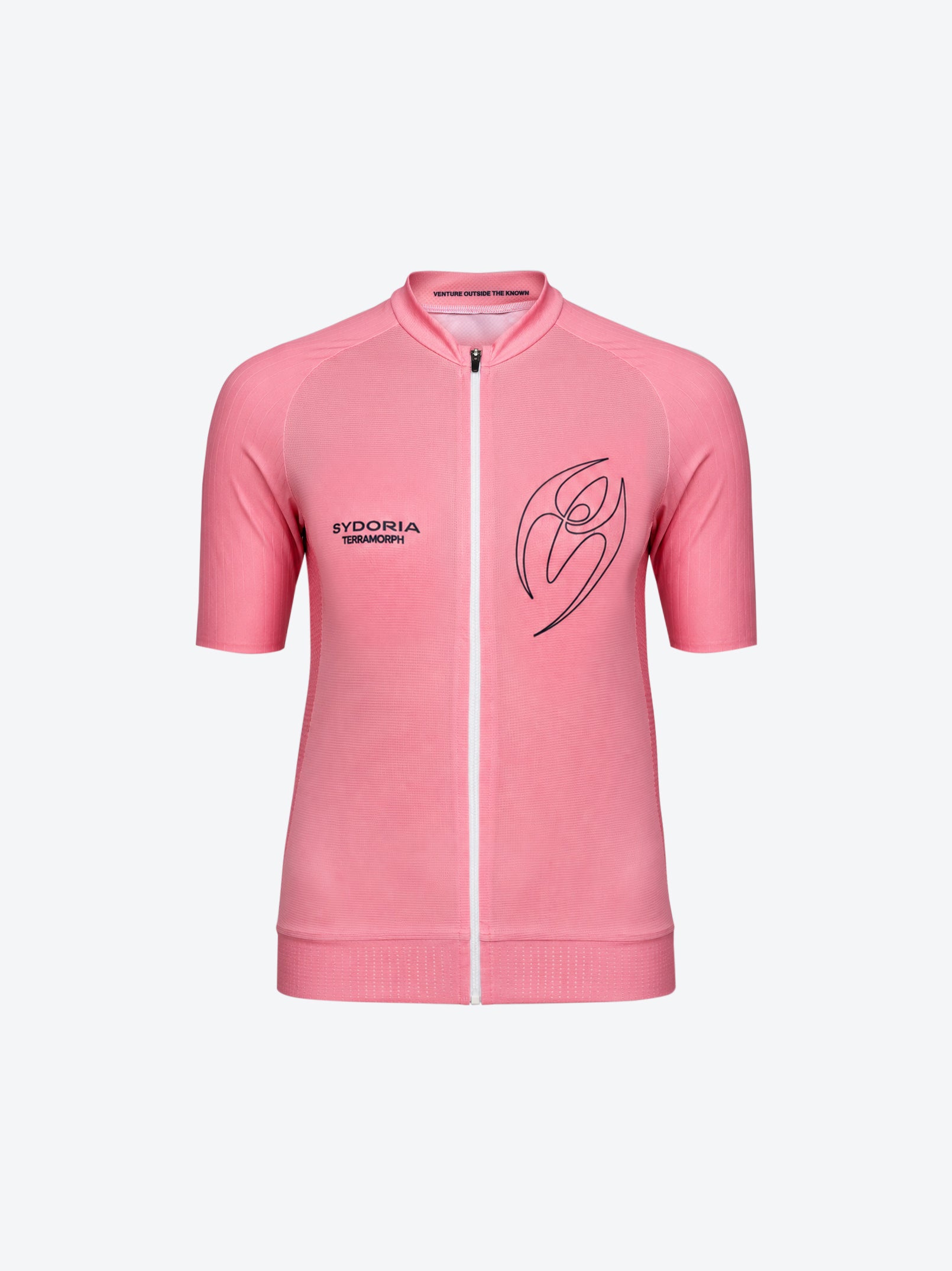 Pink cycling jersey with a logo and tribal on a white background