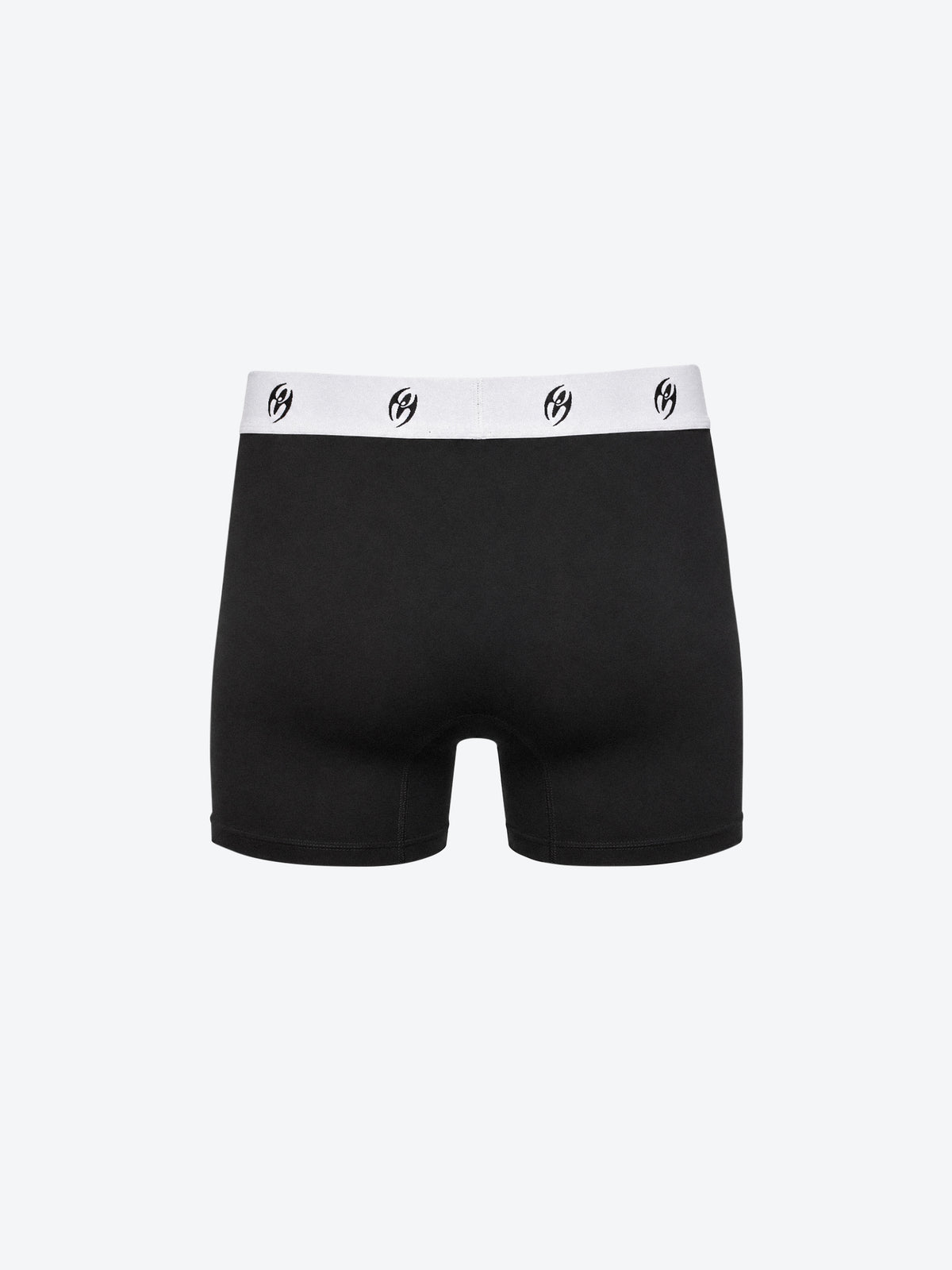 Black boxer briefs with a white waistband featuring a repeating black logo, shown against a plain light gray background.