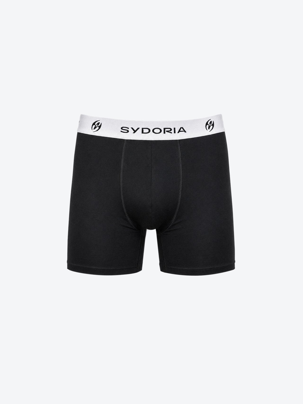 Black boxer briefs with a white elastic waistband featuring the brand name 'SYDORIA' and logo, shown against a light gray background.