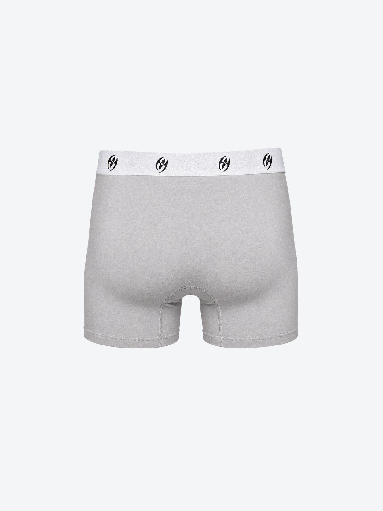 A pair of light gray boxer briefs with a white waistband featuring four small black monogram logos, shown against a plain light gray background.