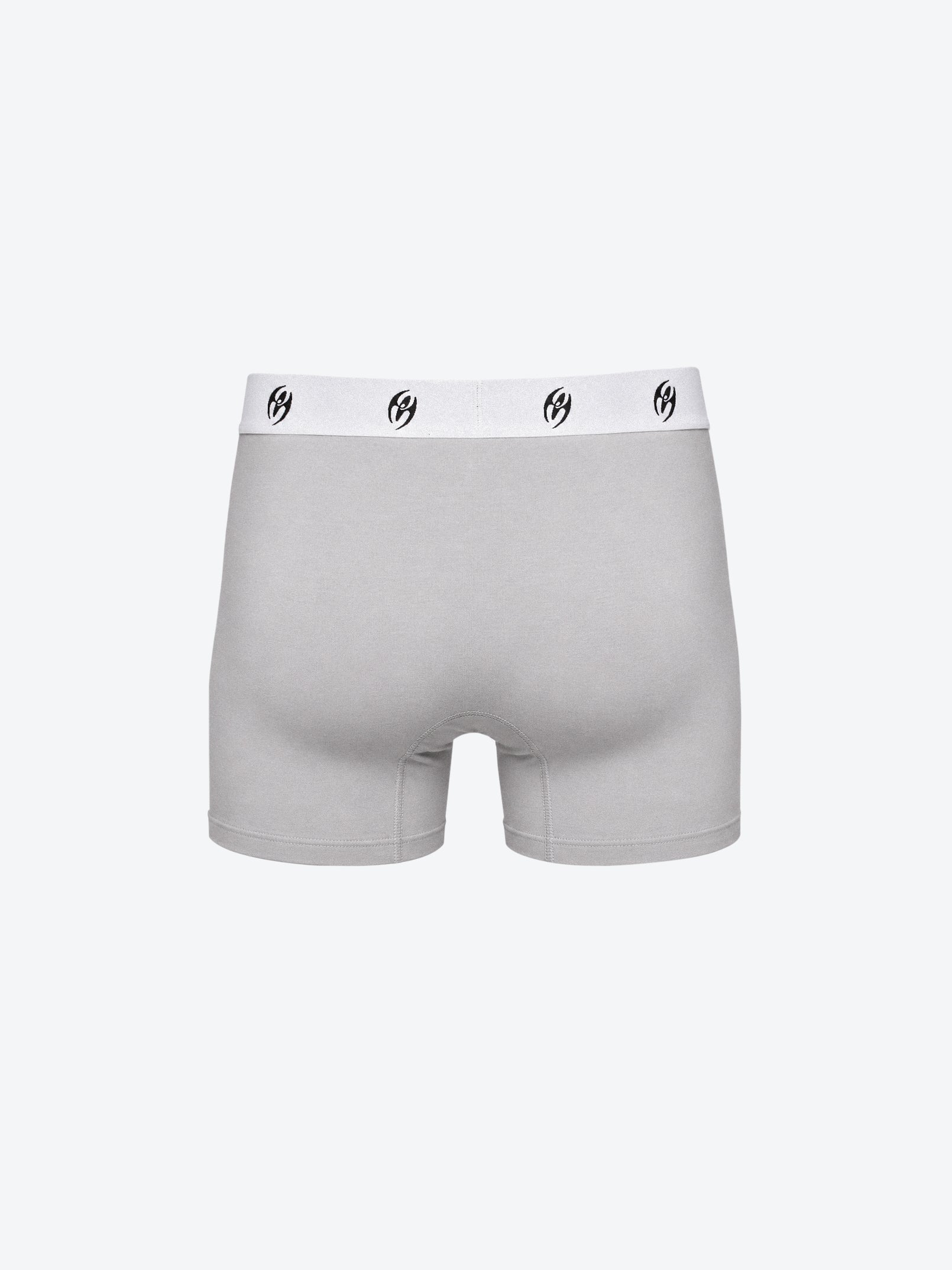 A pair of light gray boxer briefs with a white waistband featuring four small black monogram logos, shown against a plain light gray background.