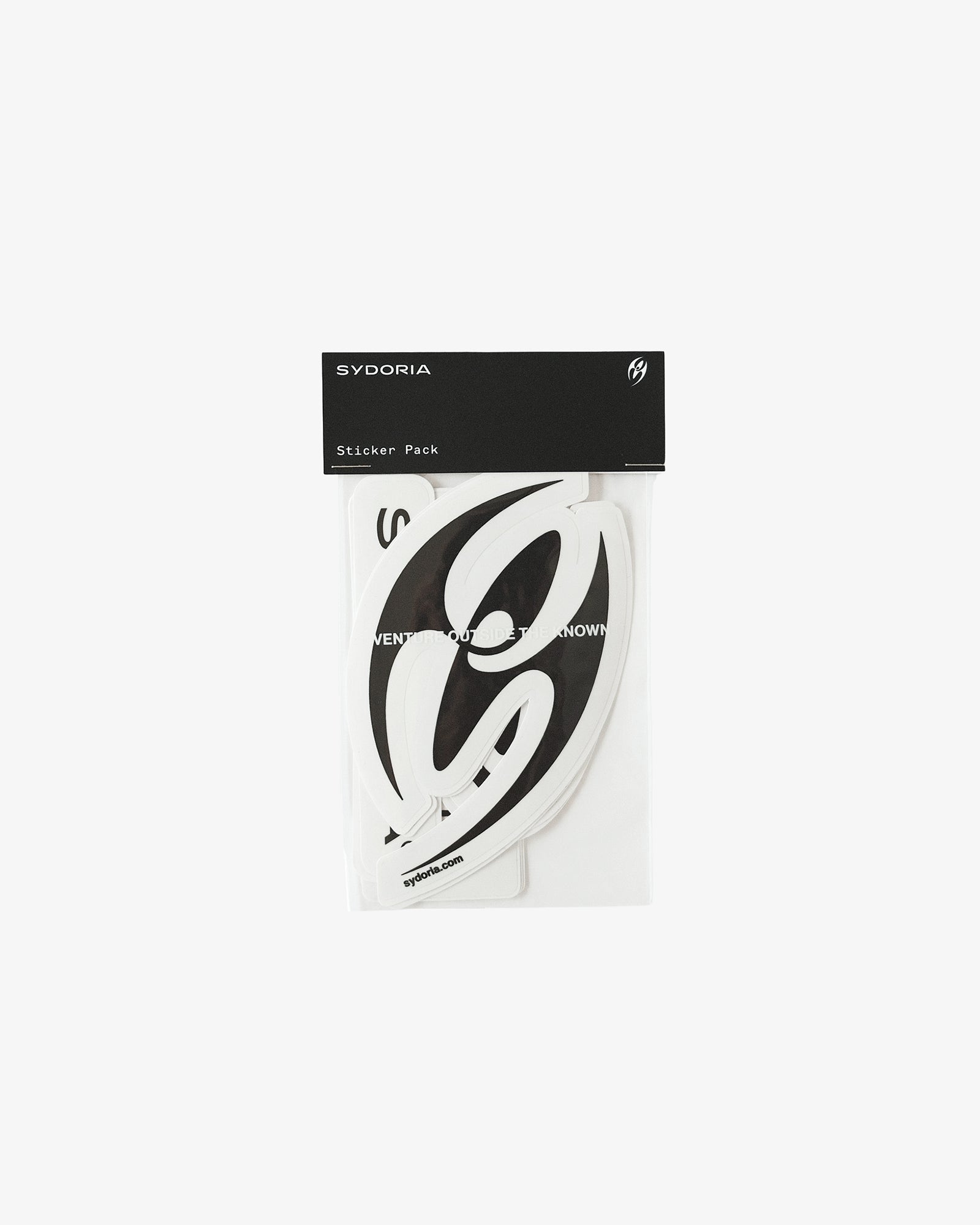 A packaged sticker sheet from Sydora, featuring a bold black and white graphic design on a clear backing with a black header card.