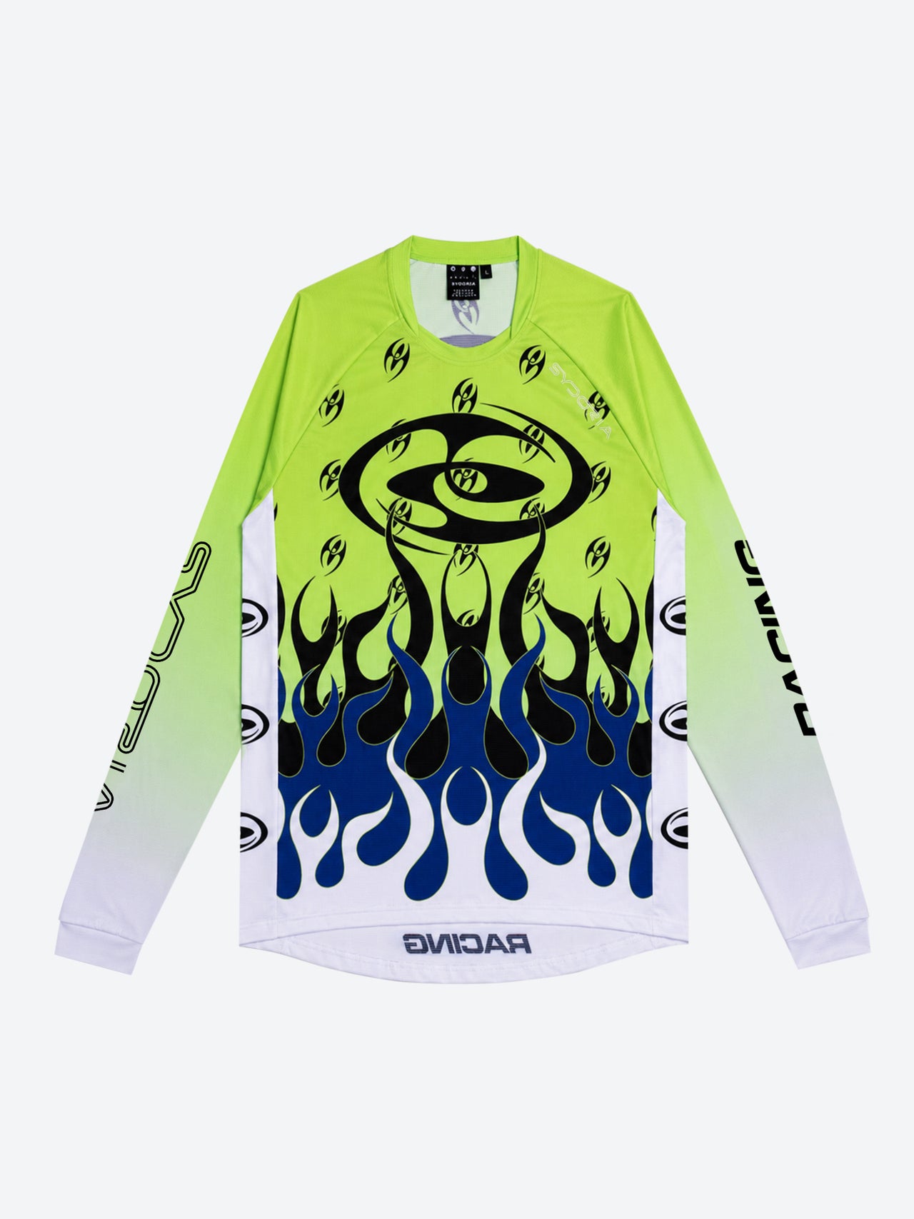 Neon green  mesh long-sleeve shirt with black and blue flame design on a white background