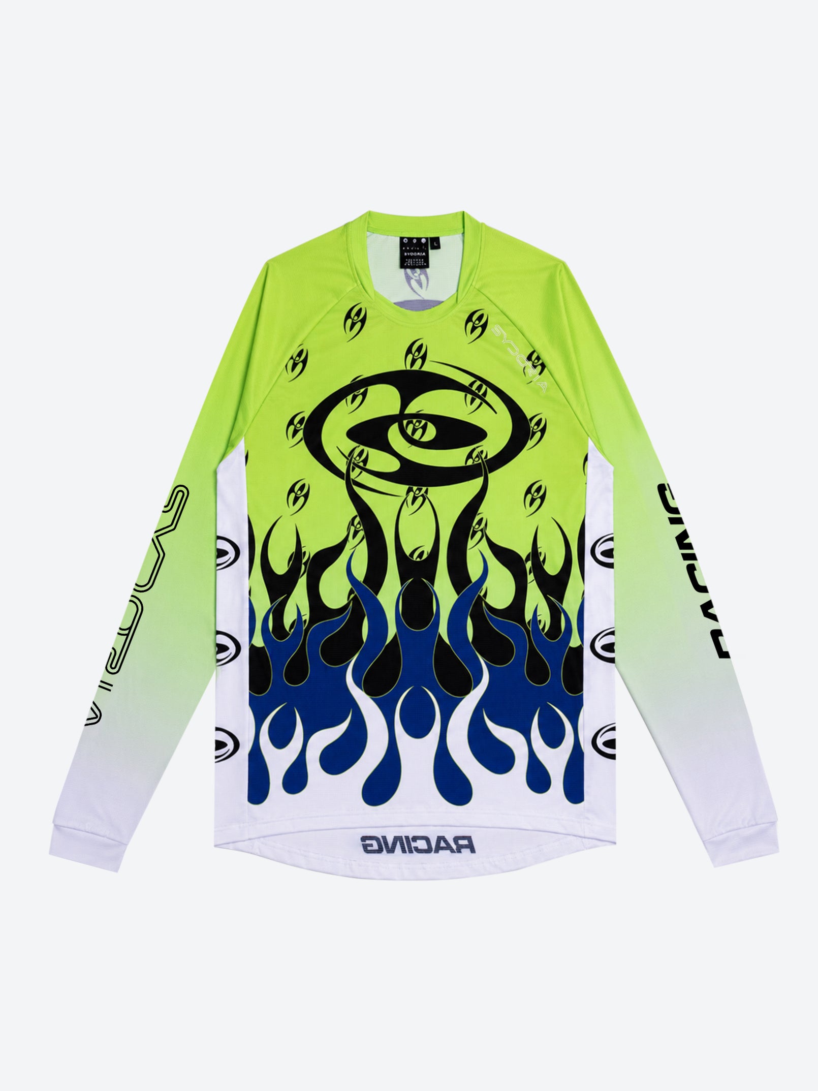 Neon green  mesh long-sleeve shirt with black and blue flame design on a white background