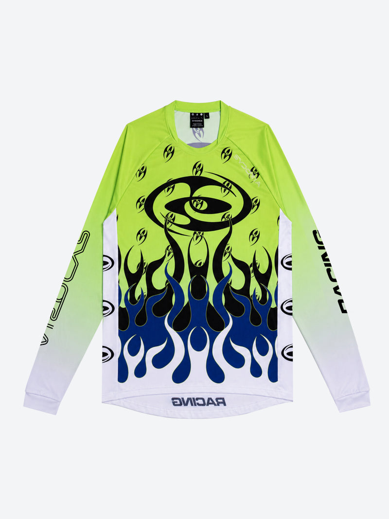 Neon green  mesh long-sleeve shirt with black and blue flame design on a white background